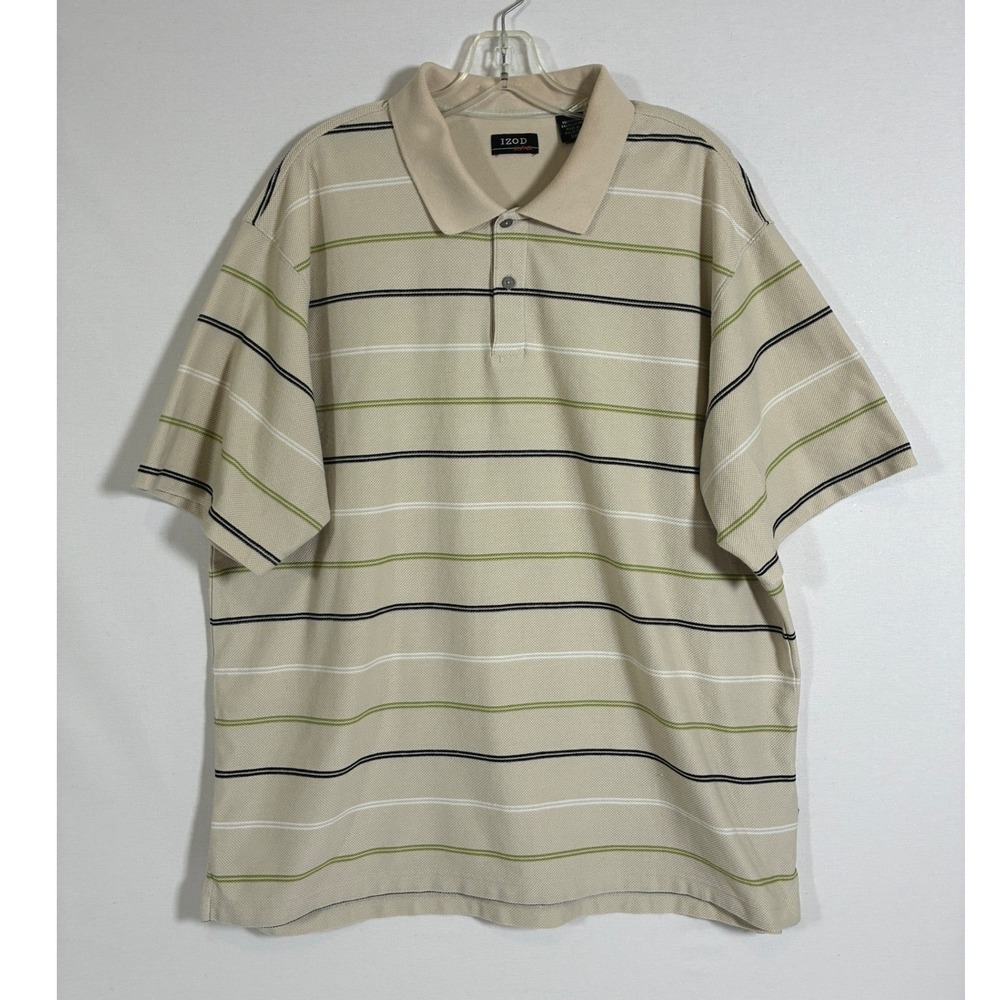 Izod XFG Mens XXL Polo Shirt Tan Green Striped Short Sleeve Pique Knit Golf Tee